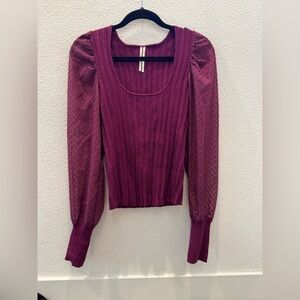 Anthropologie Puff-Sleeve Shimmer Sweater in a plum wine color